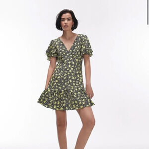 Topshop Bella tea dress with angel sleeve in yellow floral print